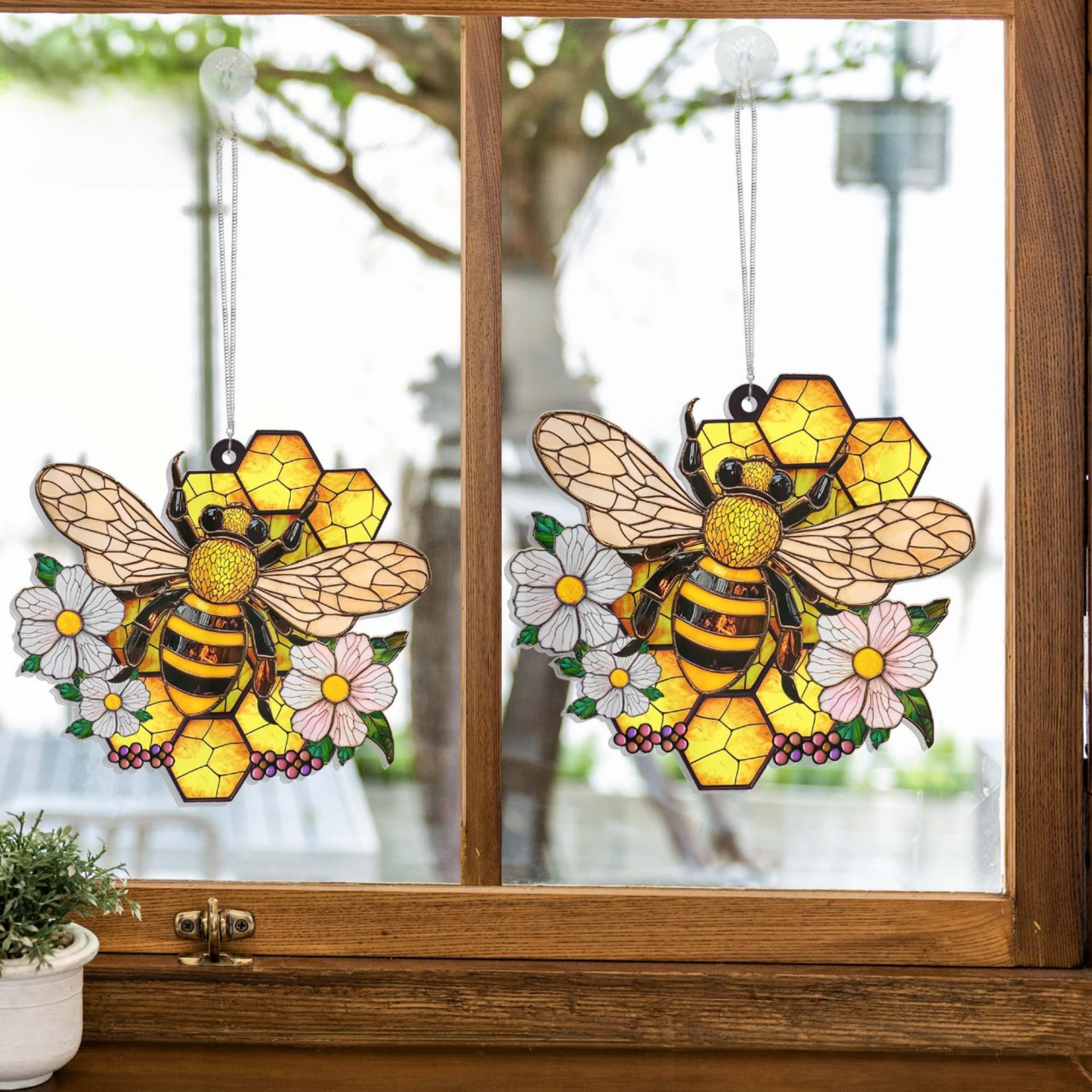 Honey Bee With Flowers Acrylic Window Hanging