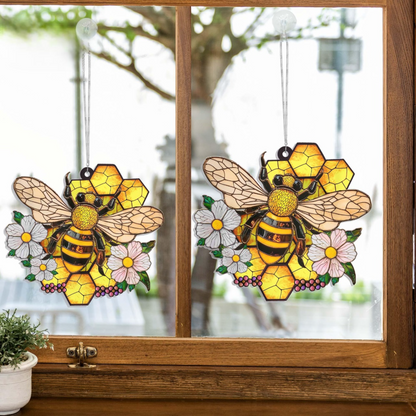 Honey Bee With Flowers Acrylic Window Hanging