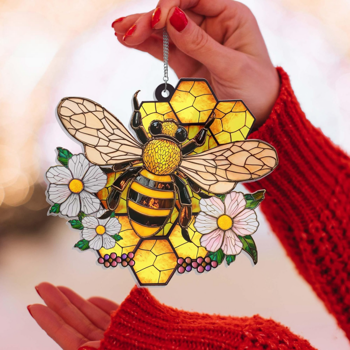 Honey Bee With Flowers Acrylic Window Hanging