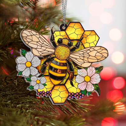 Honey Bee With Flowers Acrylic Window Hanging
