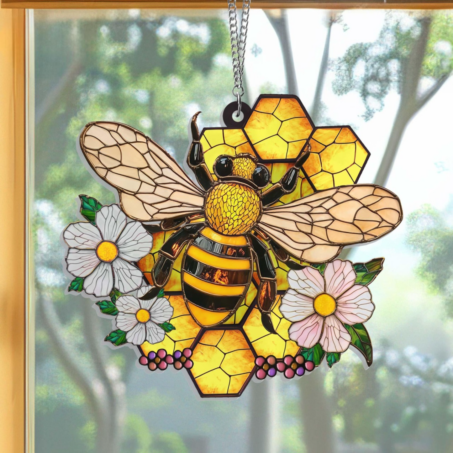 Honey Bee With Flowers Acrylic Window Hanging