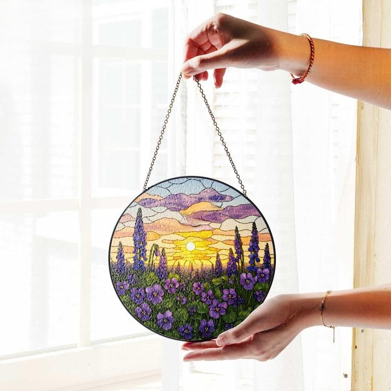 Violet Flower Field Sunset Stained Glass Suncatcher