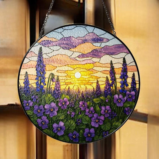Violet Flower Field Sunset Stained Glass Suncatcher