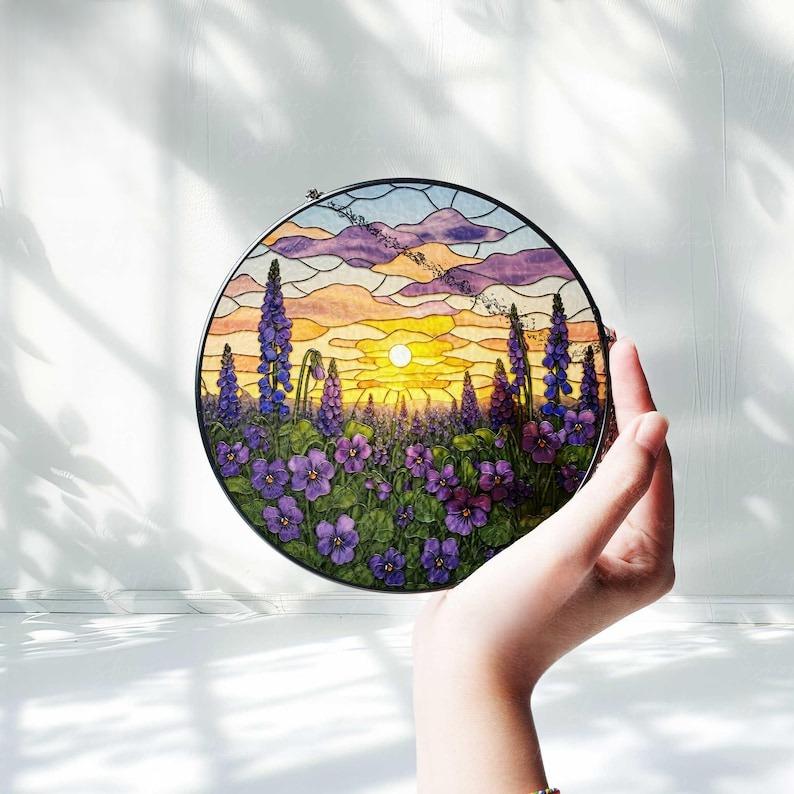 Violet Flower Field Sunset Stained Glass Suncatcher
