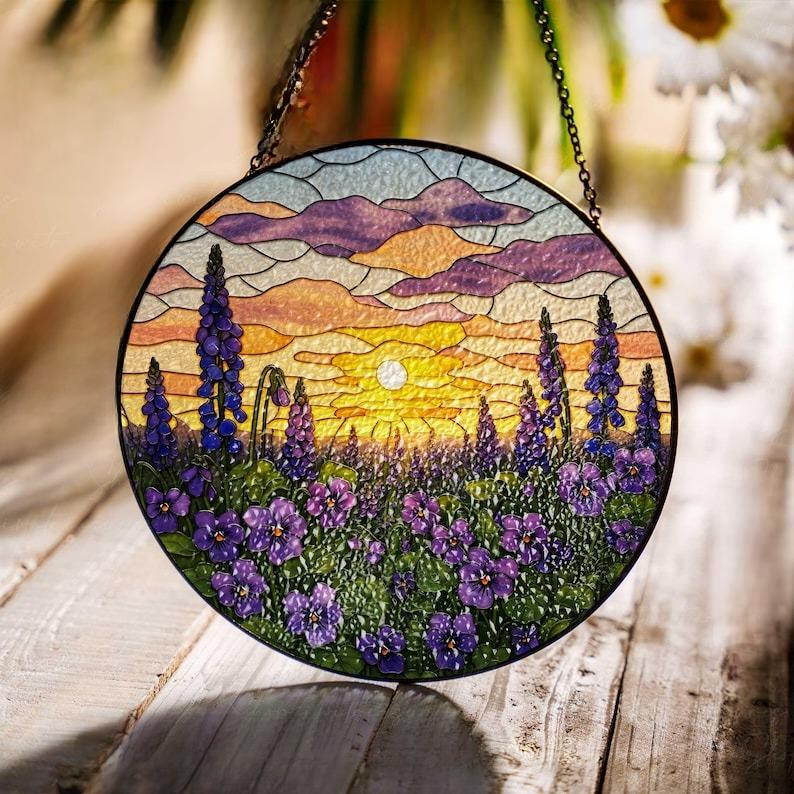 Violet Flower Field Sunset Stained Glass Suncatcher