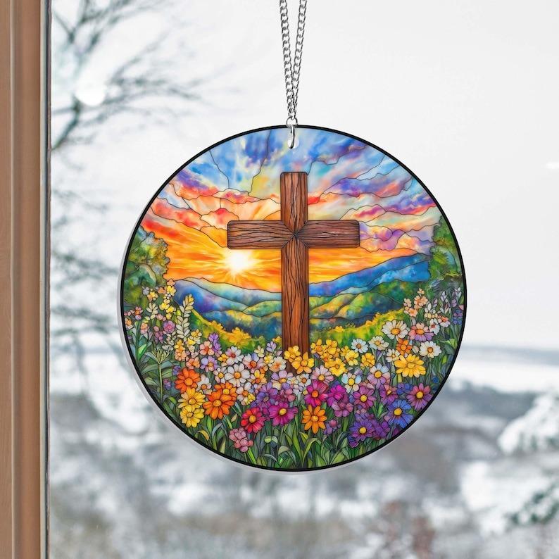Cross Flower Stained Glass Suncatcher