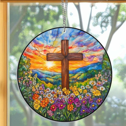 Cross Flower Stained Glass Suncatcher
