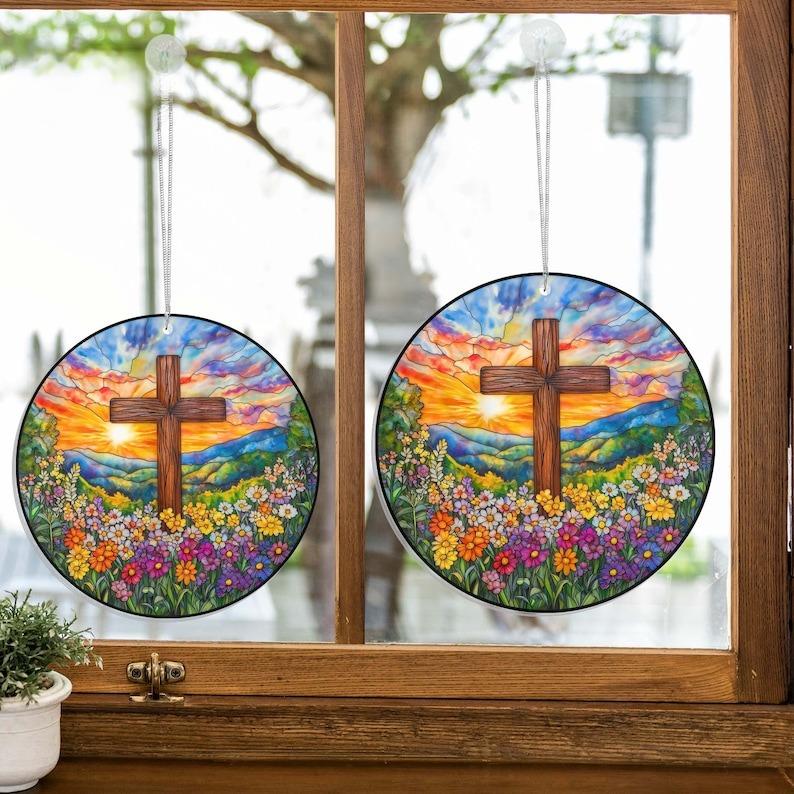 Cross Flower Stained Glass Suncatcher