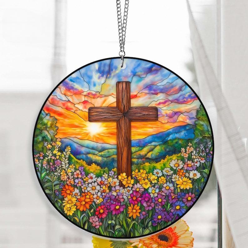 Cross Flower Stained Glass Suncatcher