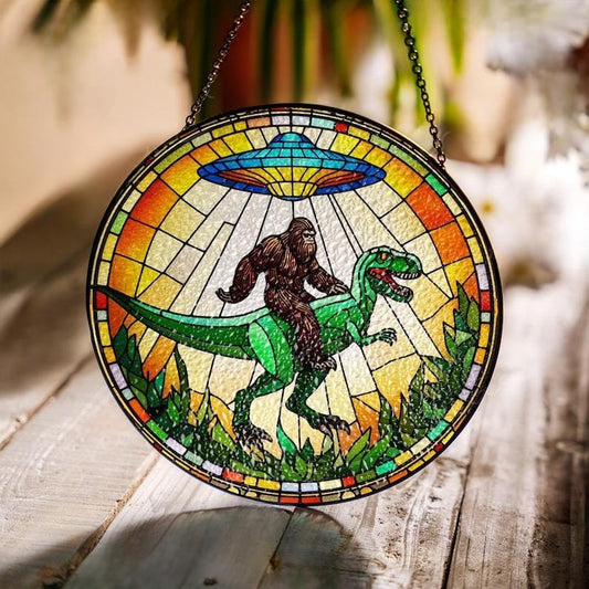 FO Abduction Bigfoot Dinosaur  Stained Glass Suncatcher