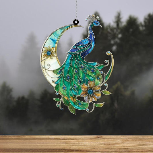 Peacock Crescent Moon Stain Glass Suncatcher