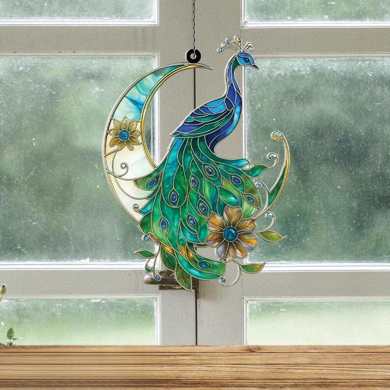 Peacock Crescent Moon Stain Glass Suncatcher
