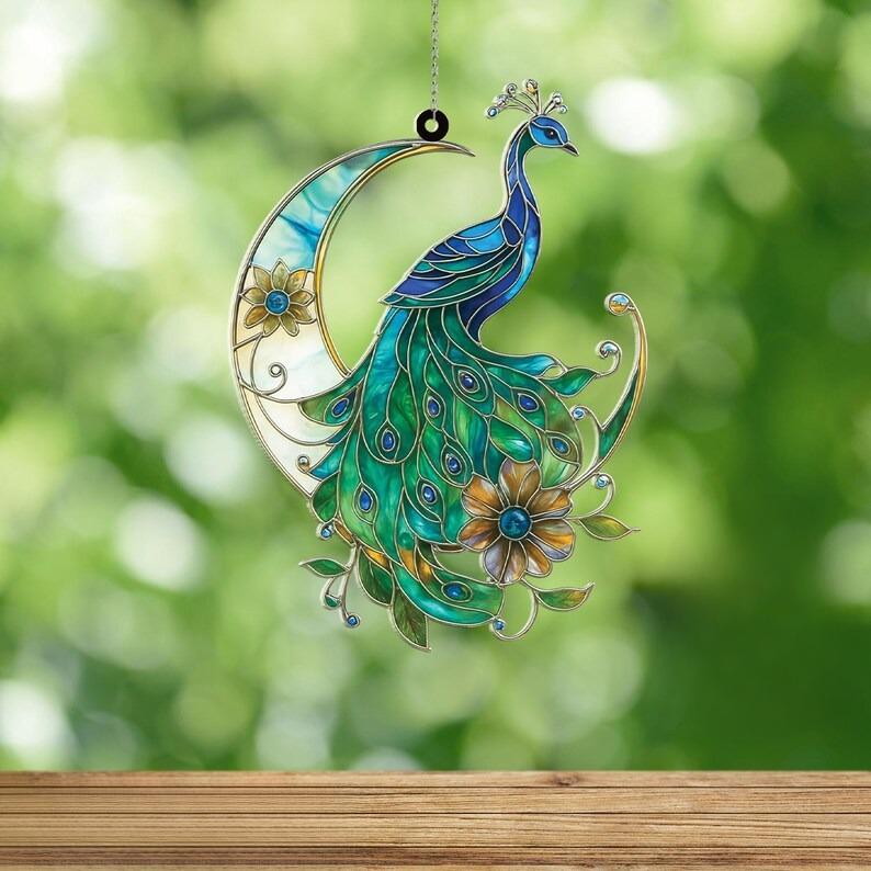 Peacock Crescent Moon Stain Glass Suncatcher