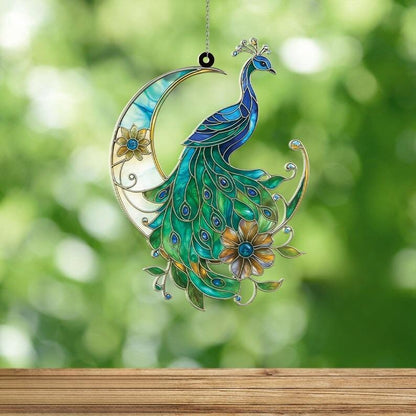 Peacock Crescent Moon Stain Glass Suncatcher