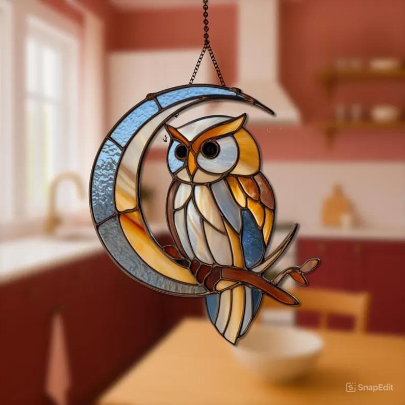 Moon Owl Stained Glass Suncatcher