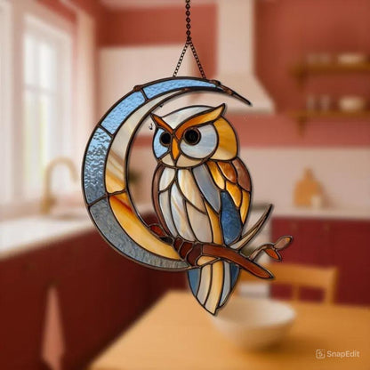 Moon Owl Stained Glass Suncatcher