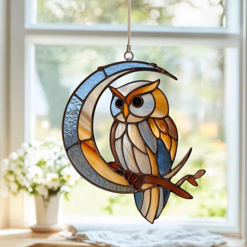 Moon Owl Stained Glass Suncatcher