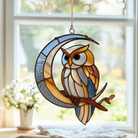 Moon Owl Stained Glass Suncatcher