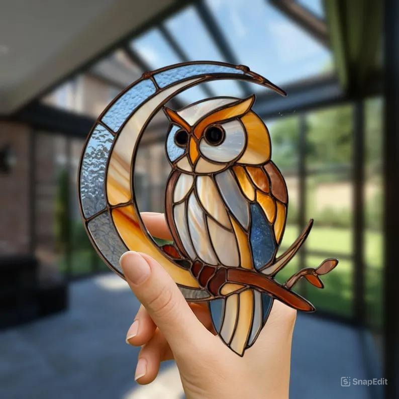 Moon Owl Stained Glass Suncatcher