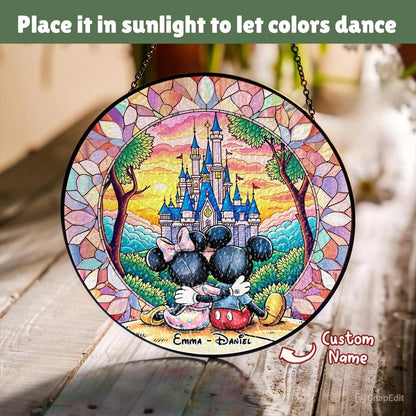 Personalized Cute Mouse Couple Stained Glass Suncatcher, Hanging Decor