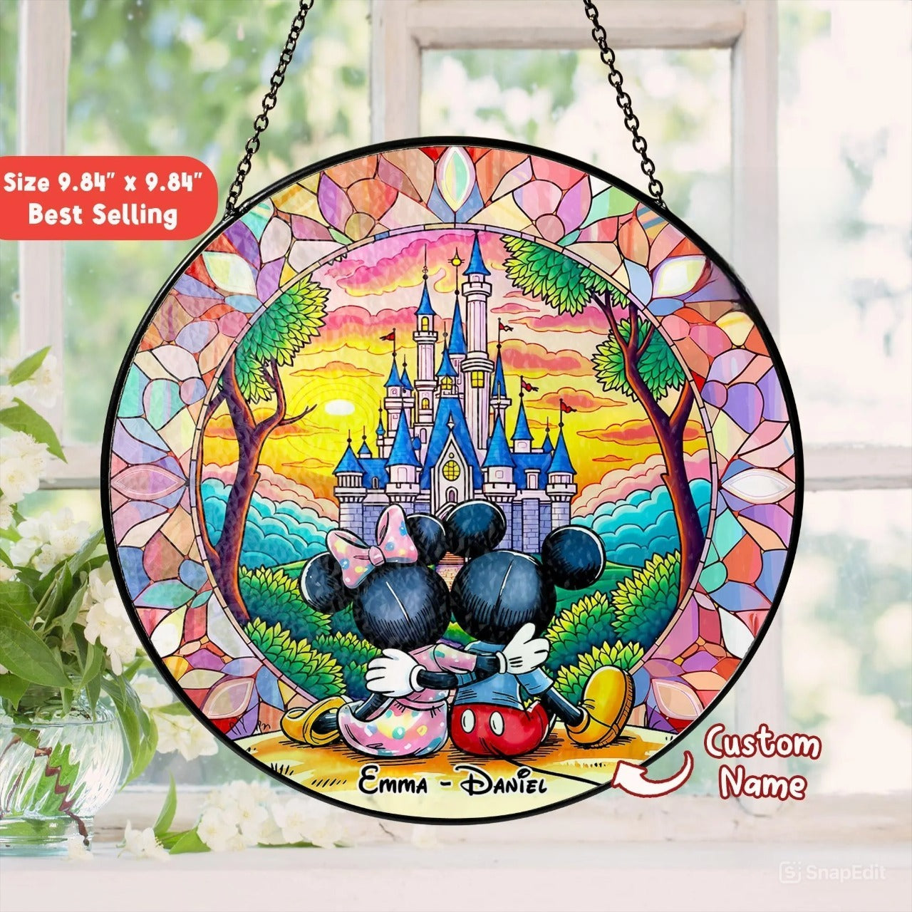 Personalized Cute Mouse Couple Stained Glass Suncatcher, Hanging Decor