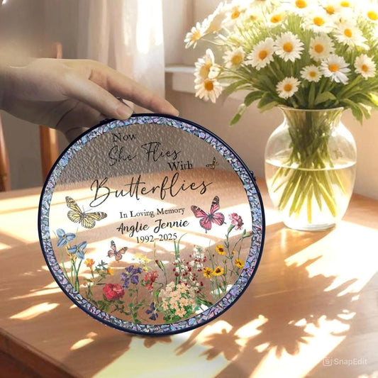 Now She Flies With Butterflies Memorial Stained Glass Suncatcher