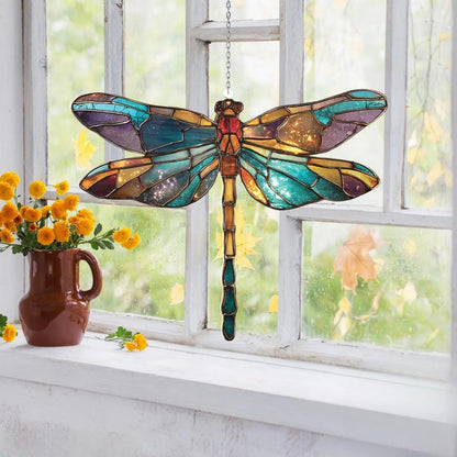 Dragonfly Suncatcher Window Hanging - Faux Stained Glass Dragonfly Ornament