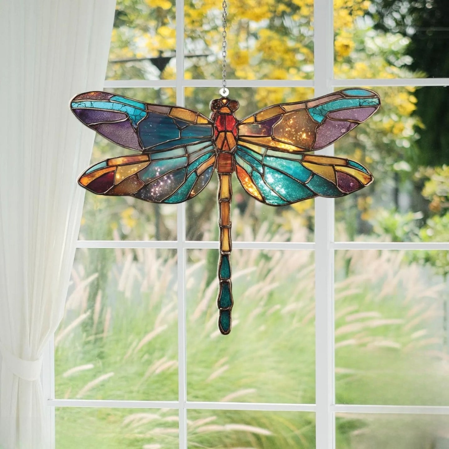 Dragonfly Suncatcher Window Hanging - Faux Stained Glass Dragonfly Ornament