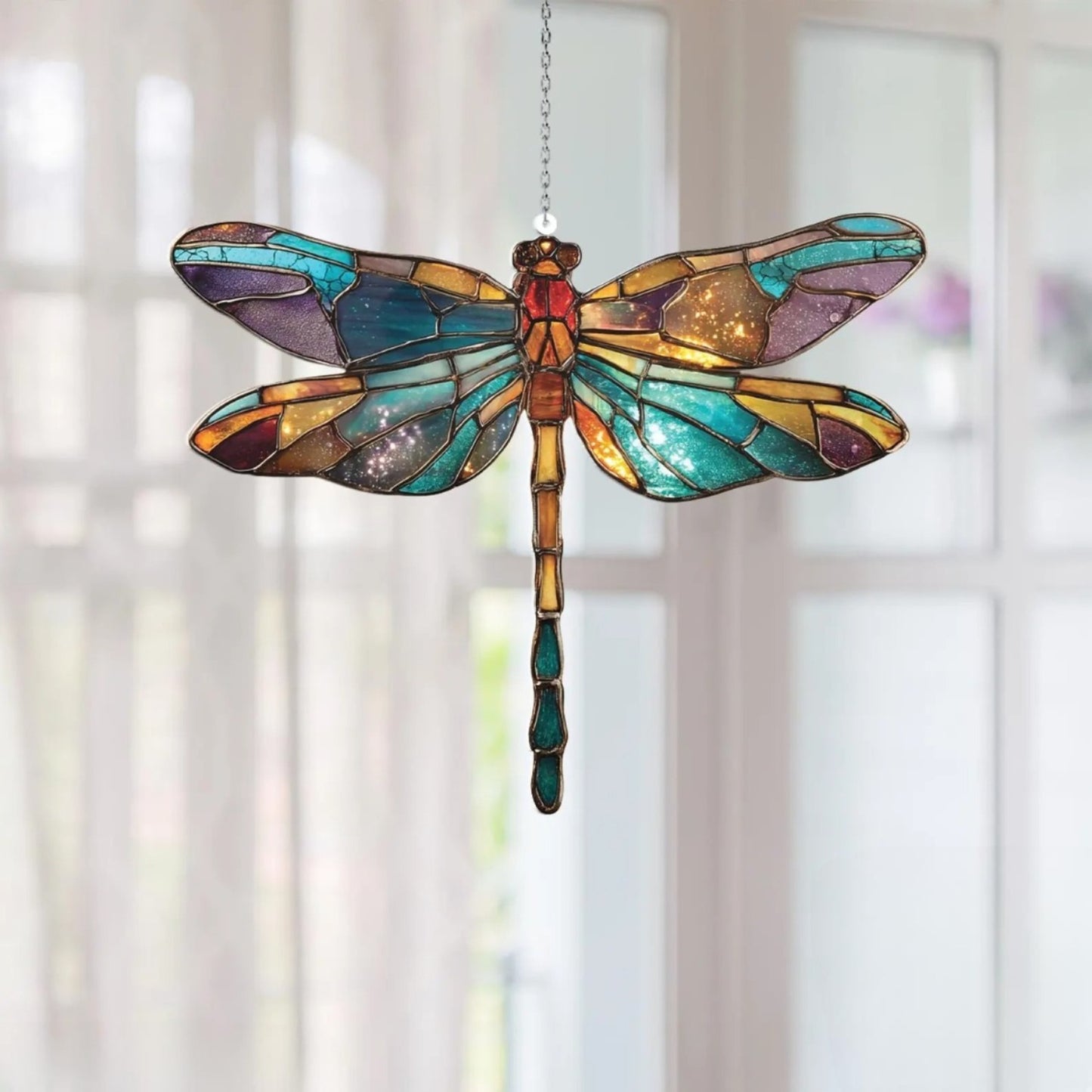 Dragonfly Suncatcher Window Hanging - Faux Stained Glass Dragonfly Ornament