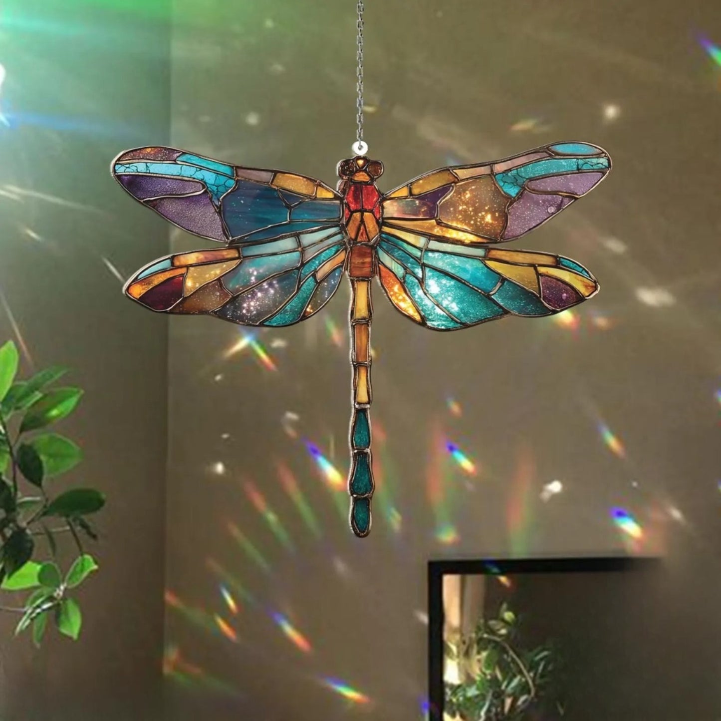 Dragonfly Suncatcher Window Hanging - Faux Stained Glass Dragonfly Ornament