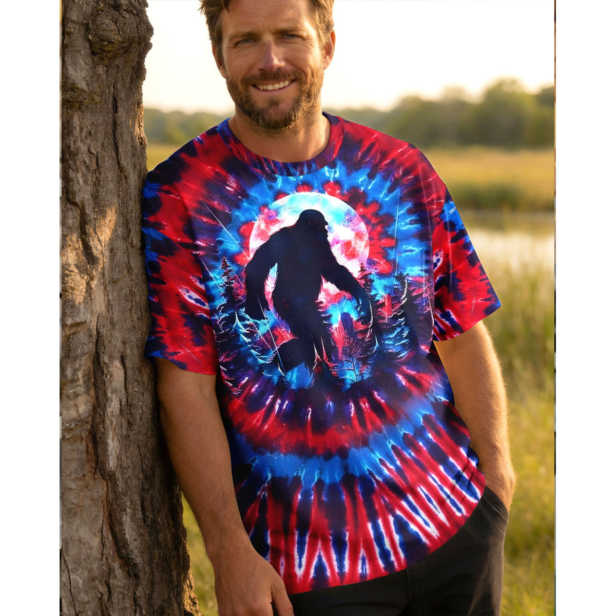 RED BLUE SWIRL BIGFOOT ALL OVER PRINT SHIRT