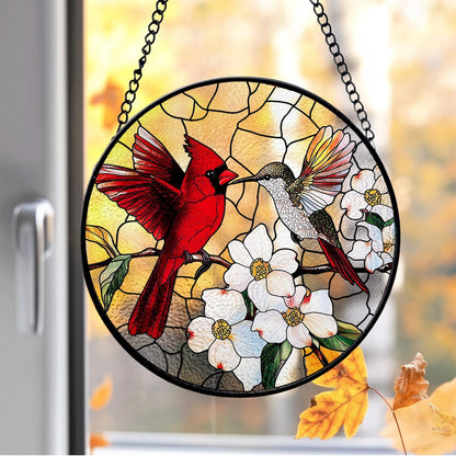 Cardinal & Hummingbird Stained Glass Suncatcher