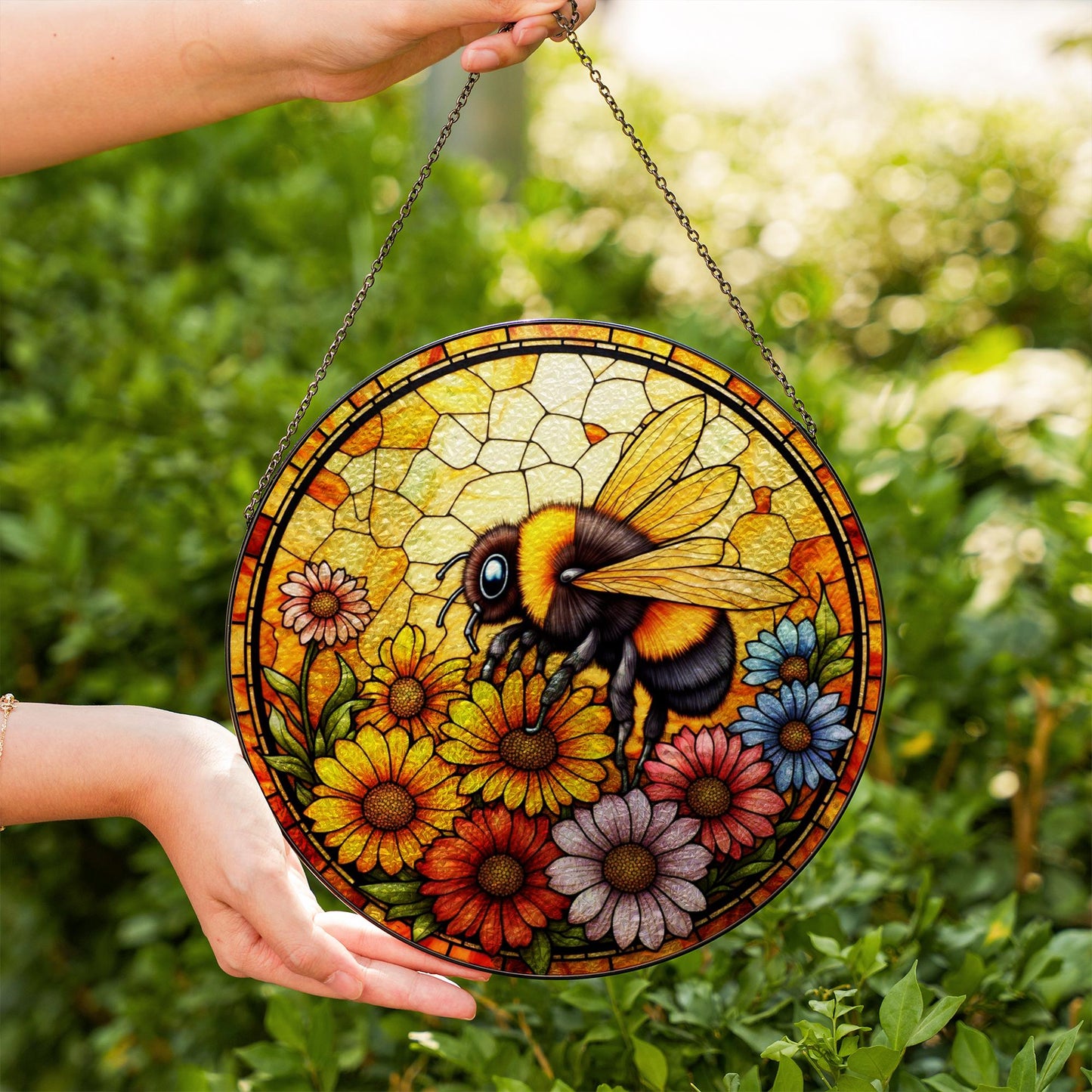 Bee and Flower Stained Glass - Window Hanging Suncatcher