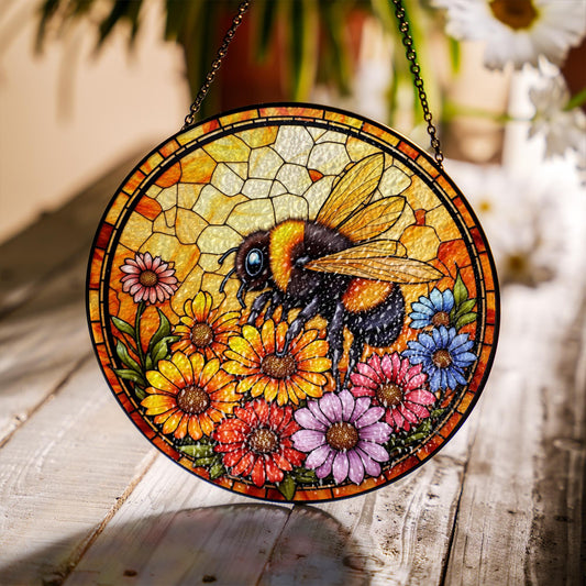 Bee and Flower Stained Glass - Window Hanging Suncatcher