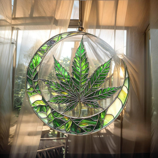 Moon and Leaf Stained Glass Suncatcher