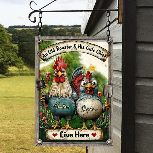 An Old Rooster & His Cute Chick Live Here - Personalized Chicken Rectangle Metal Sign