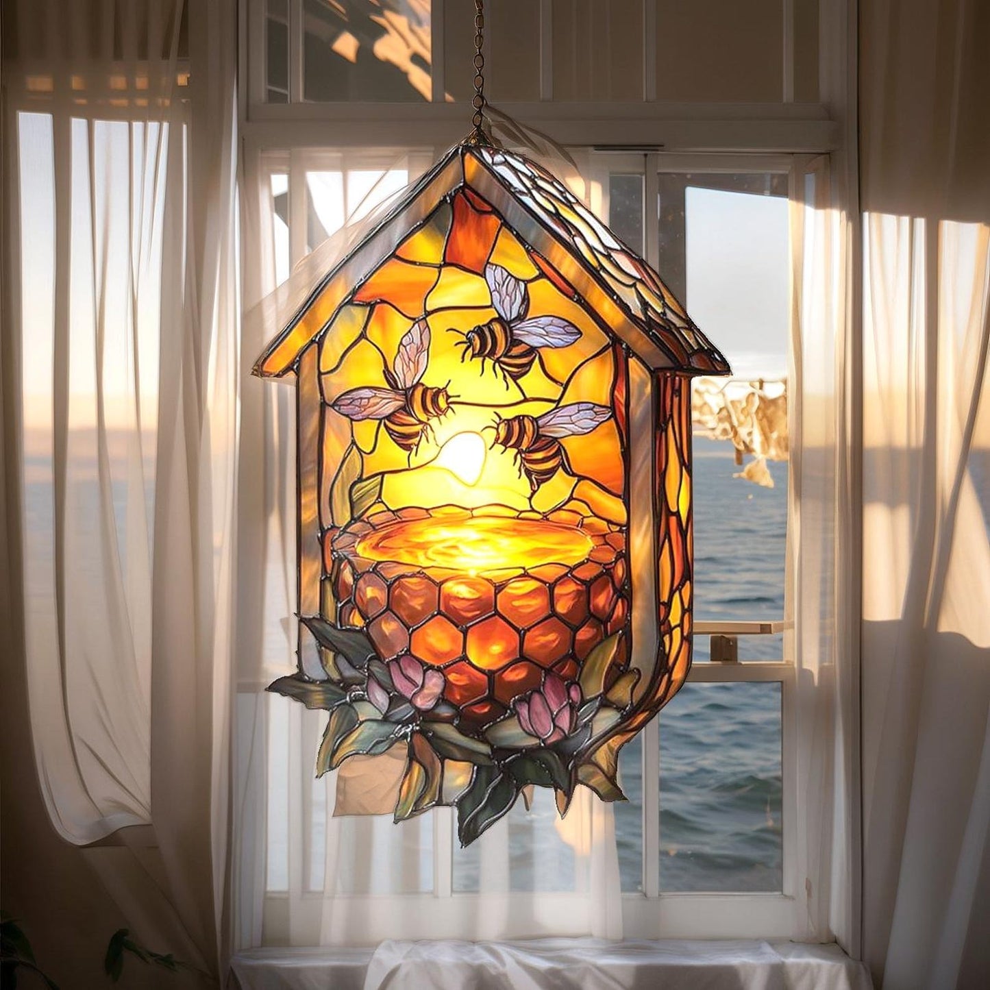 Bee Hive and Floral Acrylic Window Hanging
