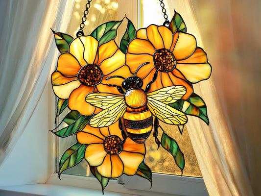 Honey Bee With Flowers Acrylic Window Hanging