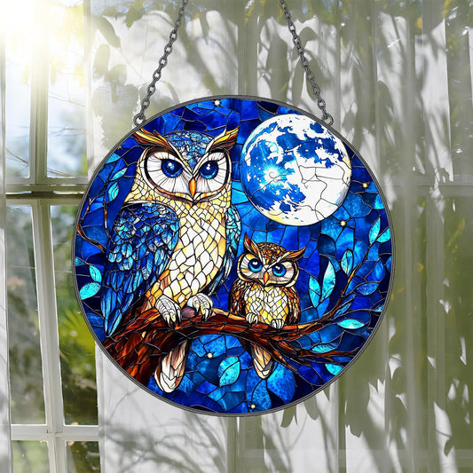 Owl Moon Stained Glass Suncatcher  - Owl Window Hanging Suncatcher Ornament