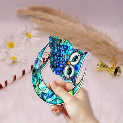 Owl on Moon Hanging Acrylic Decor - Owl Window Hanging Suncatcher Ornament