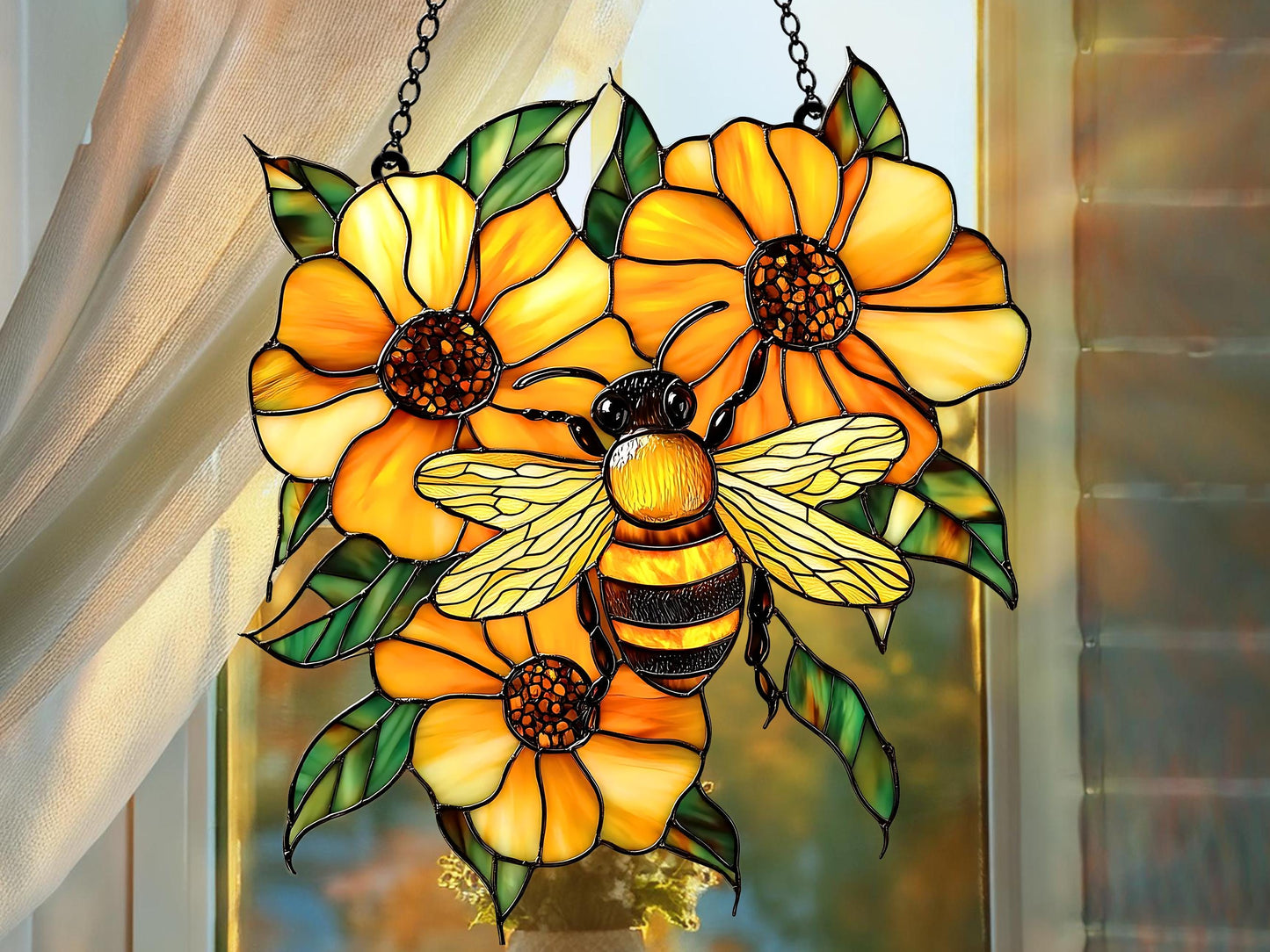 Honey Bee With Flowers Acrylic Window Hanging