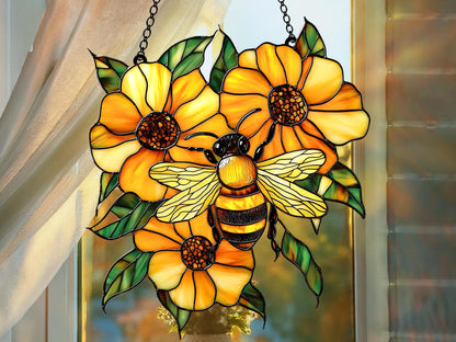Honey Bee With Flowers Acrylic Window Hanging