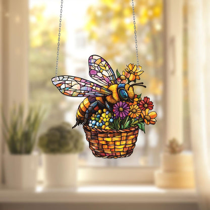 Bee and Flower Basket Acrylic Window Hanging