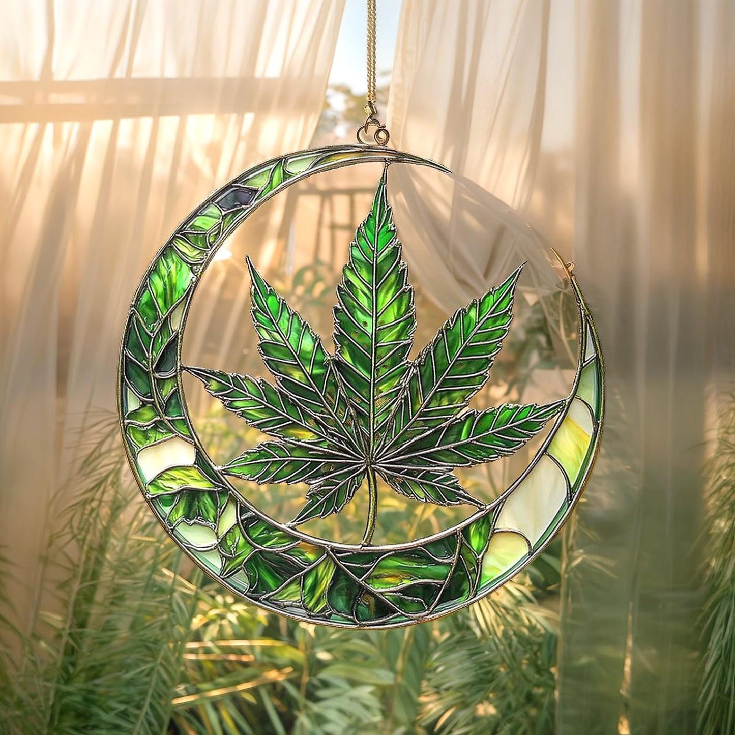 Moon and Leaf Stained Glass Suncatcher