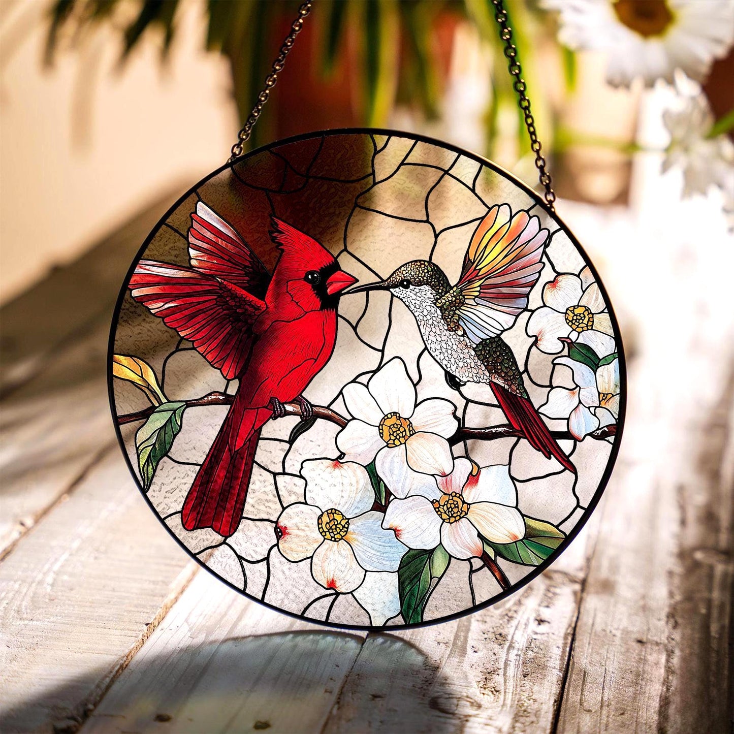 Cardinal & Hummingbird Stained Glass Suncatcher