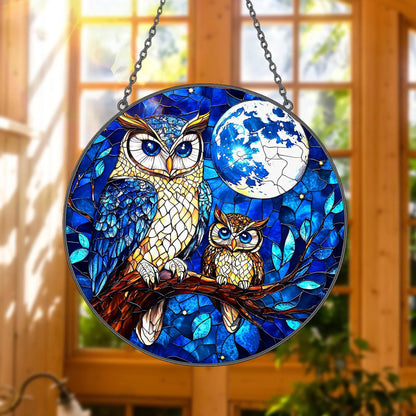 Owl Moon Stained Glass Suncatcher  - Owl Window Hanging Suncatcher Ornament