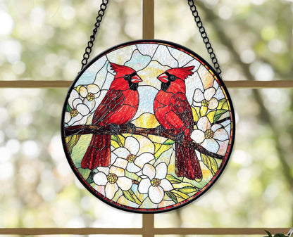 Couple Red Cardinal Stained Glass Suncatcher