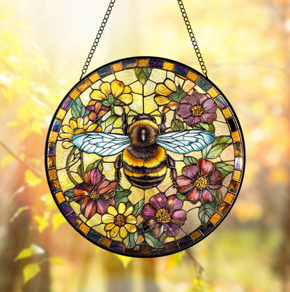 Bee And Flower Stained Glass - Window Hanging Suncatcher  Features