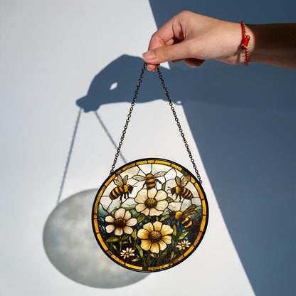 Bee And Flower Stained Glass - Window Hanging Suncatcher