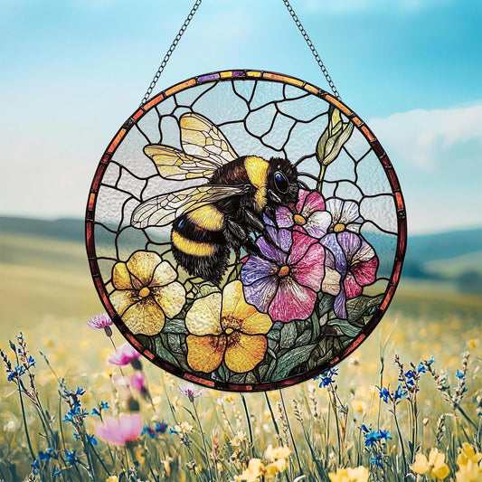 Bee and Flower Stain Glass - Window Hanging Suncatcher